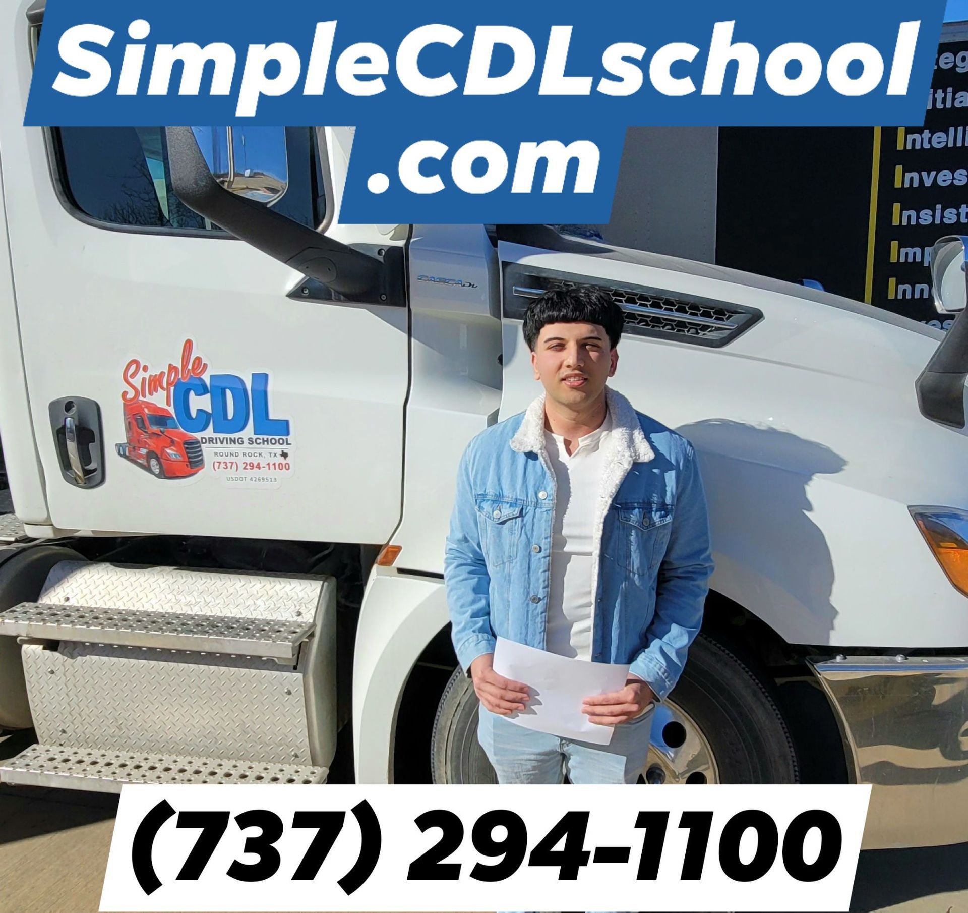 A person holding a document stands in front of a white truck branded with the SimpleCDLschool.com logo and phone number.