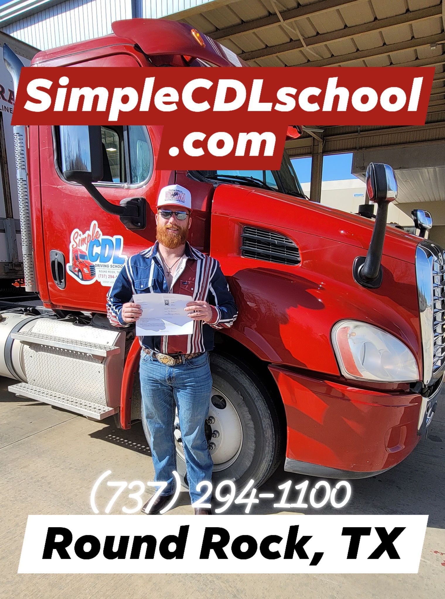 Person holding a document in front of a red semi-truck with SimpleCDLschool.com, phone number, and location overlay text.