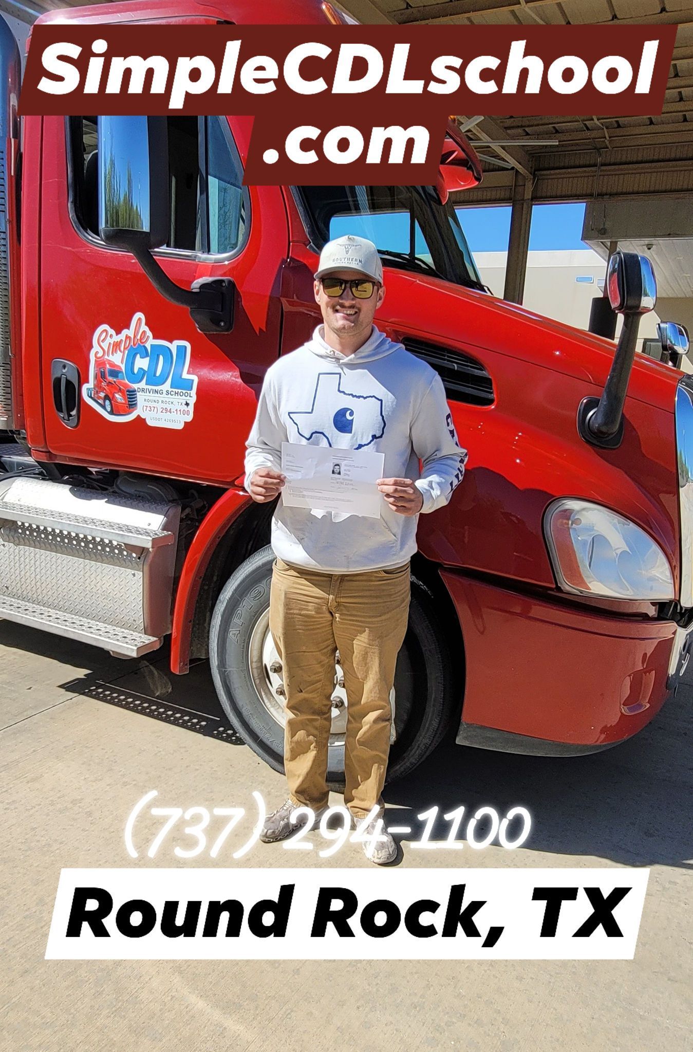 A person holding a document stands in front of a red semi-truck at SimpleCDLschool.com in Round Rock, TX.