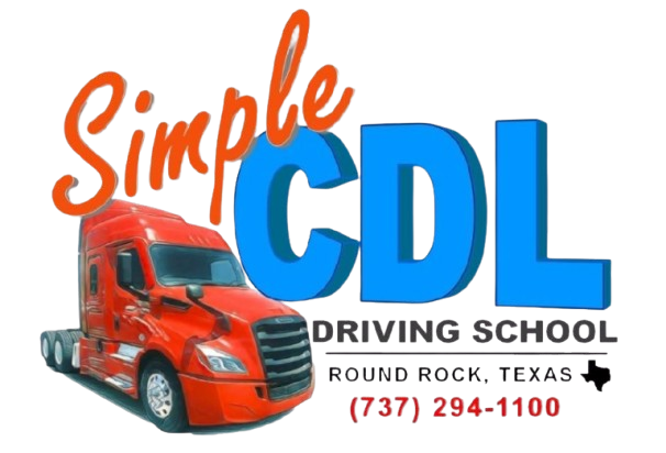 Simple CDL Driving School logo with a red semi-truck, blue text, and contact info in Round Rock, Texas.