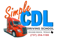 Simple CDL Driving School logo with a red semi-truck, blue text, and contact info in Round Rock, Texas.