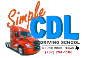 Simple CDL Driving School logo with a red semi-truck, blue text, and contact info in Round Rock, Texas.