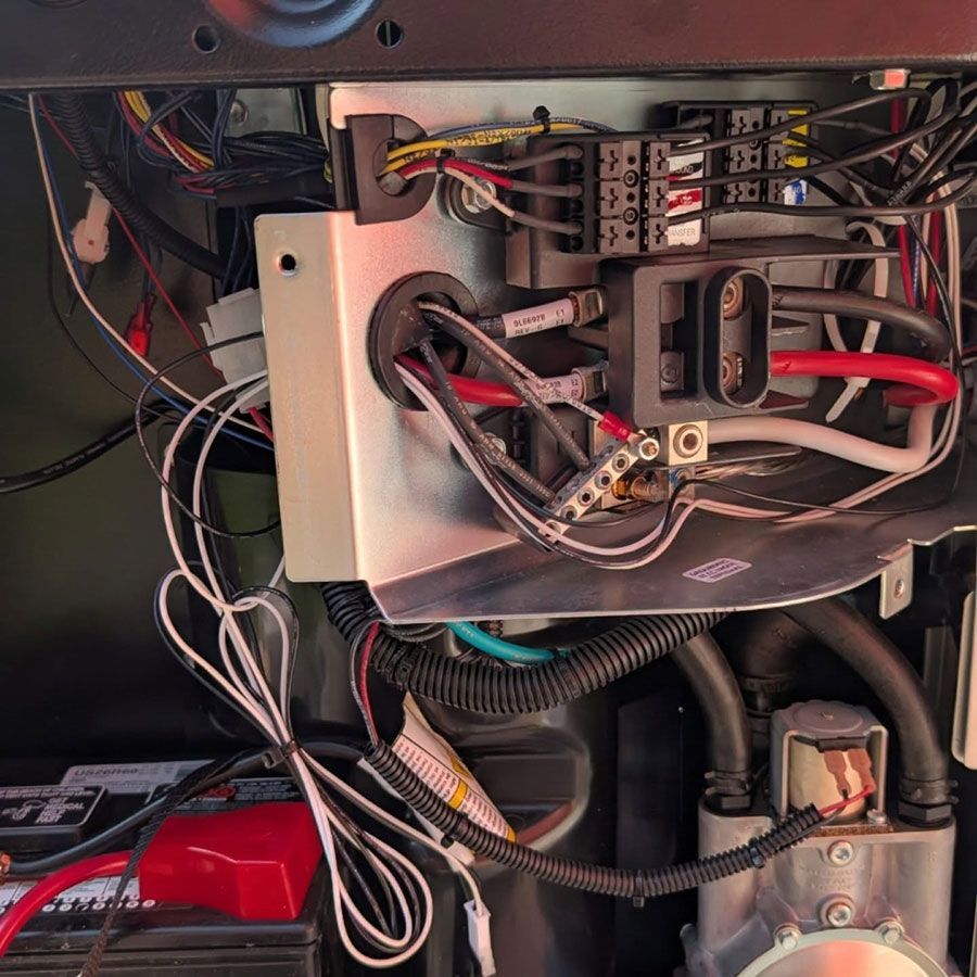 Interior view of a generator cabinet showing electrical wiring, terminal blocks, a grounded metal plate, and a battery.