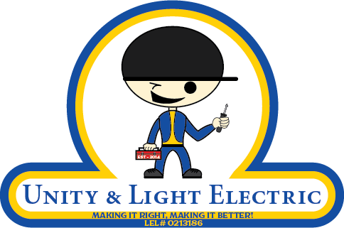 Logo for Unity & Light Electric featuring a cartoon character holding a tool, with company name and motto underneath.