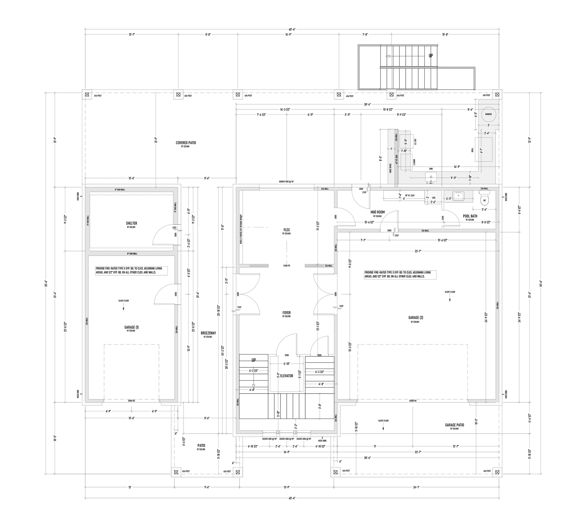 Architectural floor plan of a one-story building, with room layouts, dimensions, and labeling for rooms.