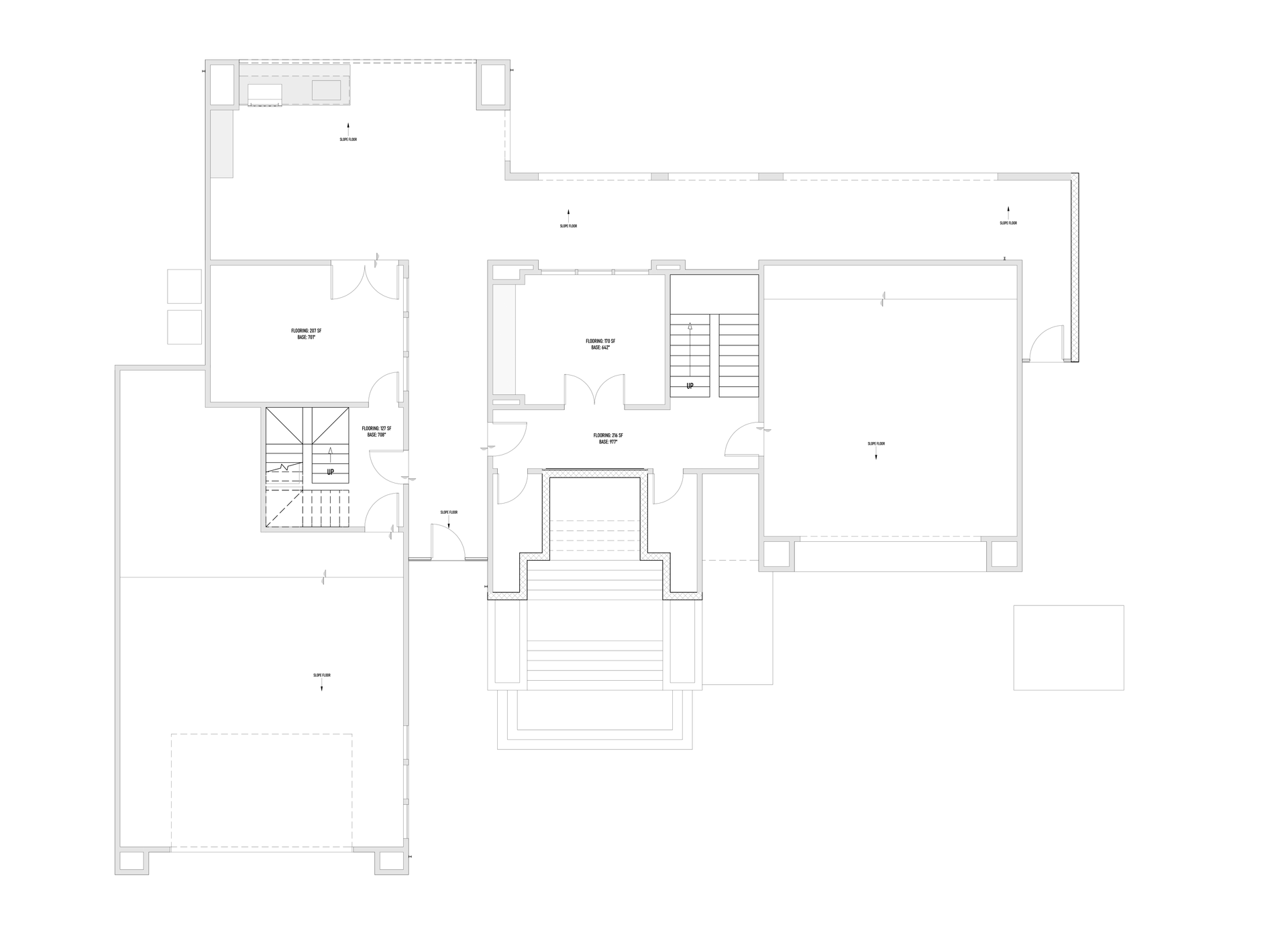Architectural floor plan; minimalist design; rooms, stairs, and outdoor spaces.