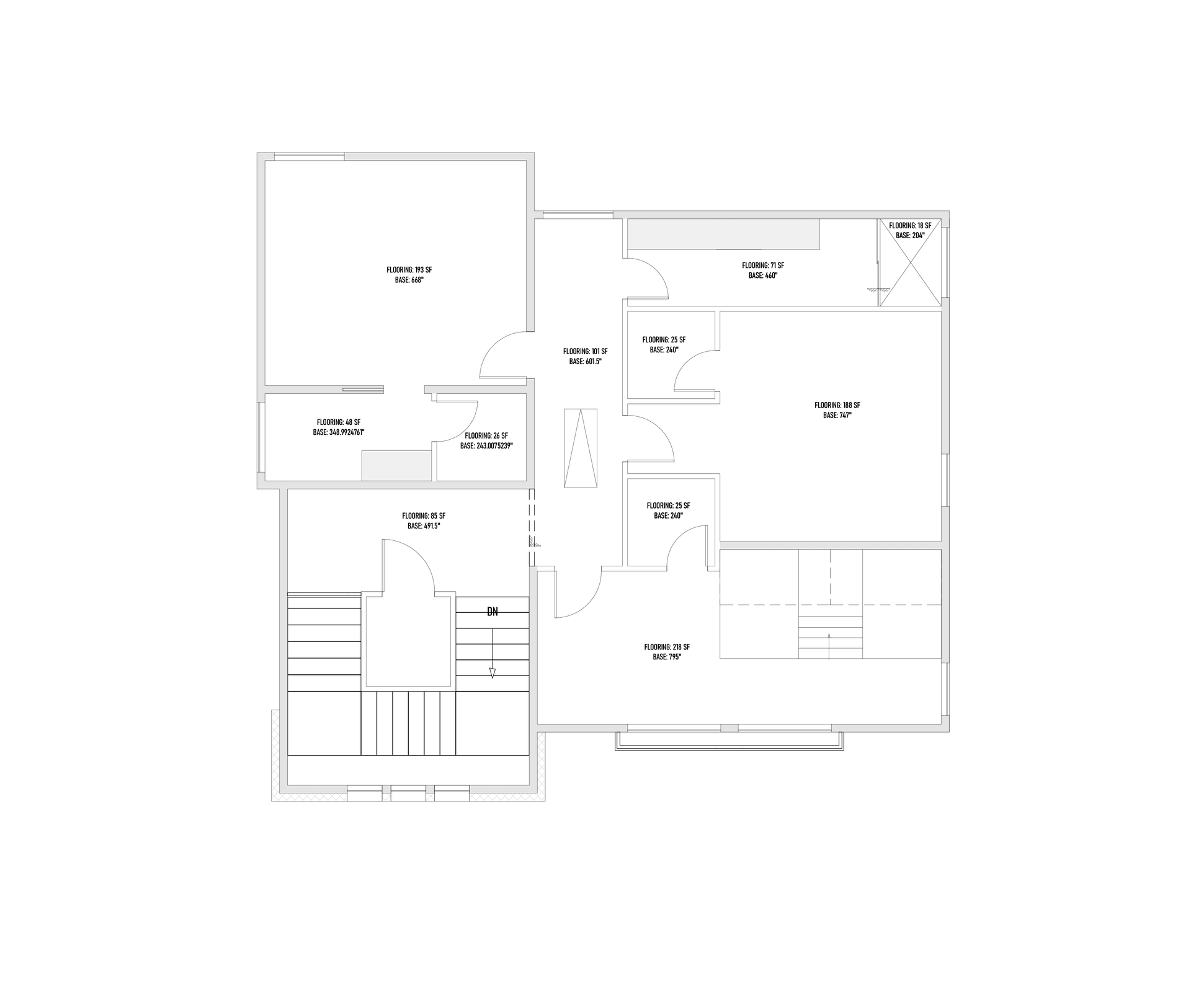 Floor plan of a house, with rooms labeled, showing layout of walls, doors, and windows.