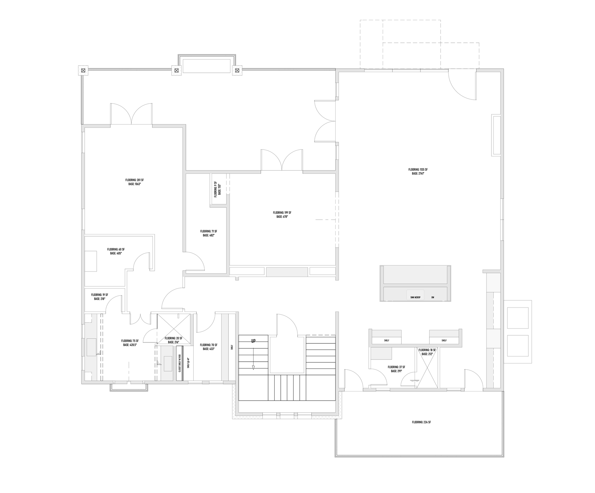 Floor plan of a house, featuring rooms labeled: master suite, kitchen, family room, bedrooms, and a staircase.
