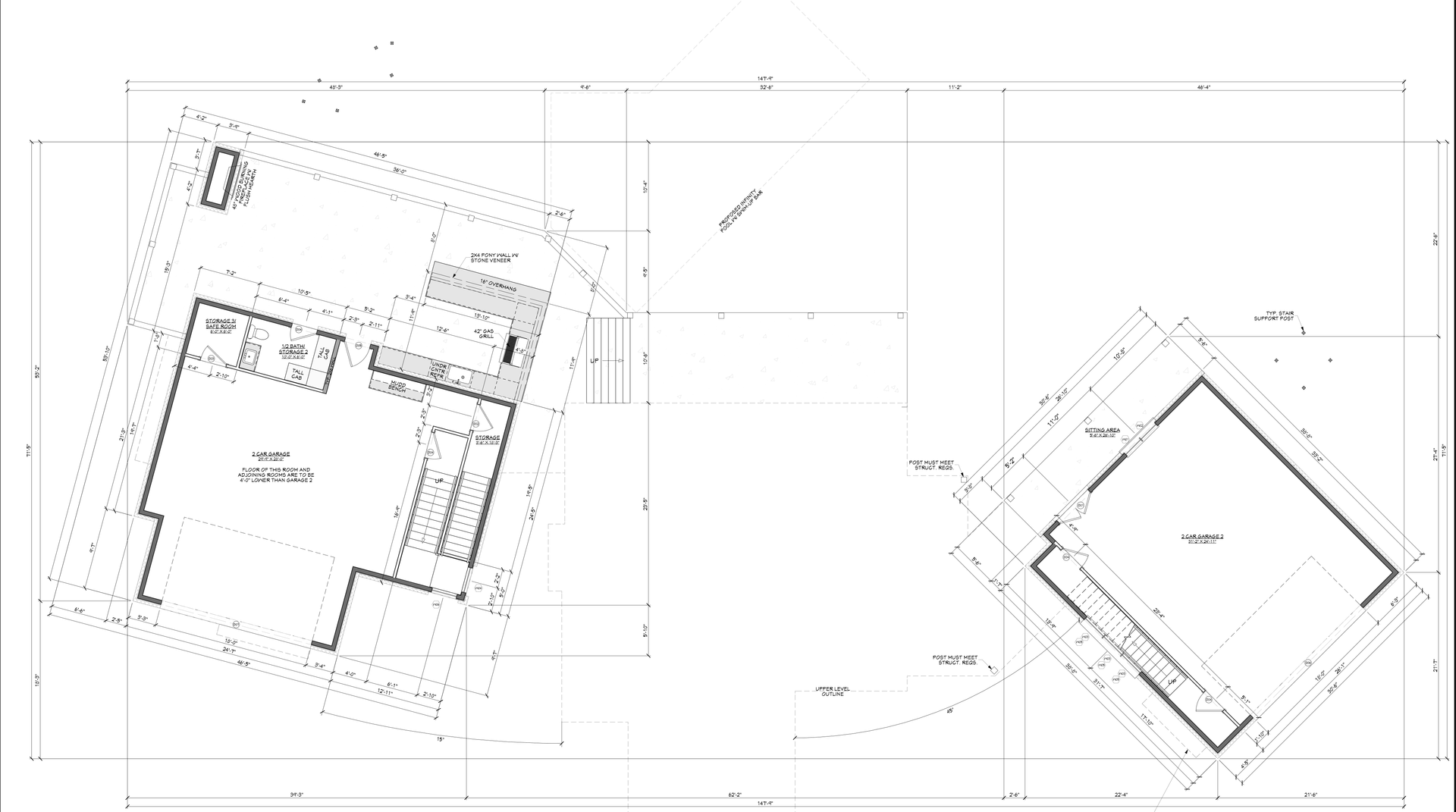 Architectural floor plans of two buildings, with lines, dimensions, and labeling visible.