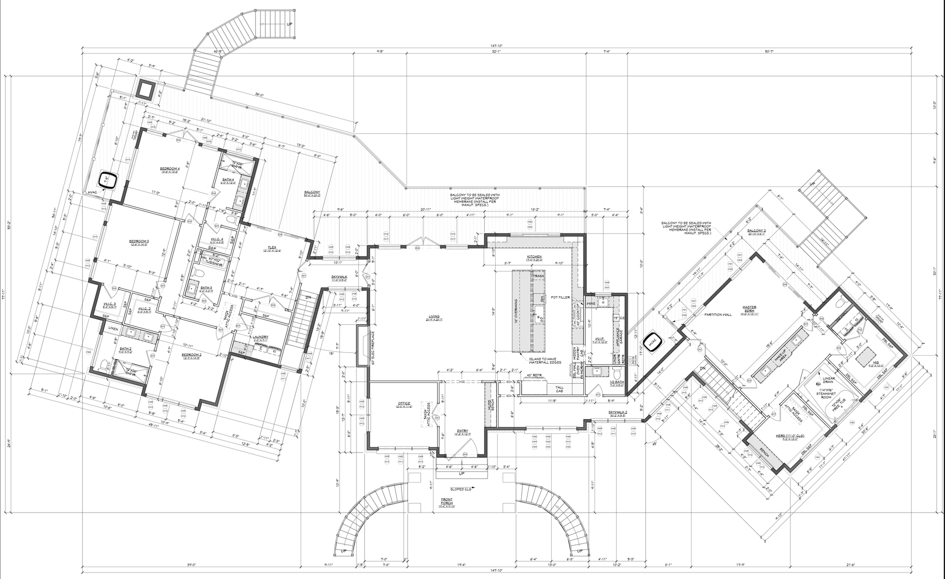 Architectural floor plan of a multi-sectioned building with detailed room layouts and dimensions.