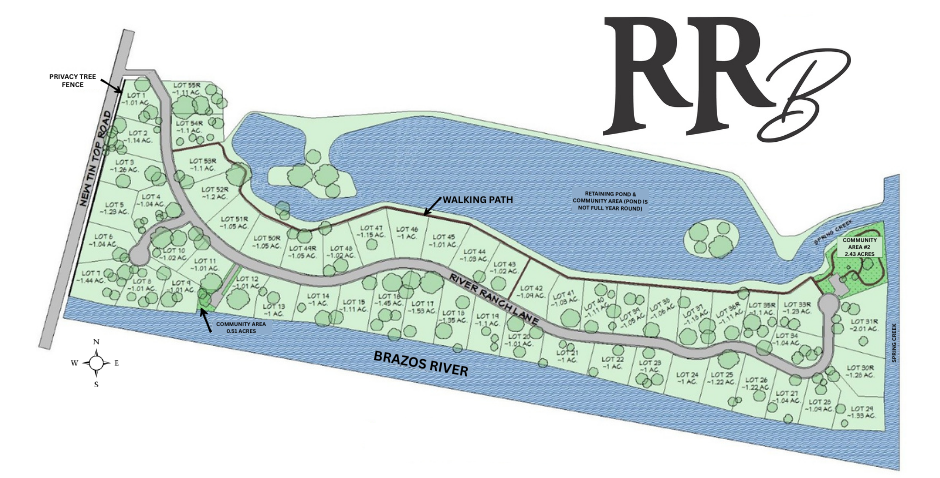 Map of a residential area with a lake, trees, and a winding road.