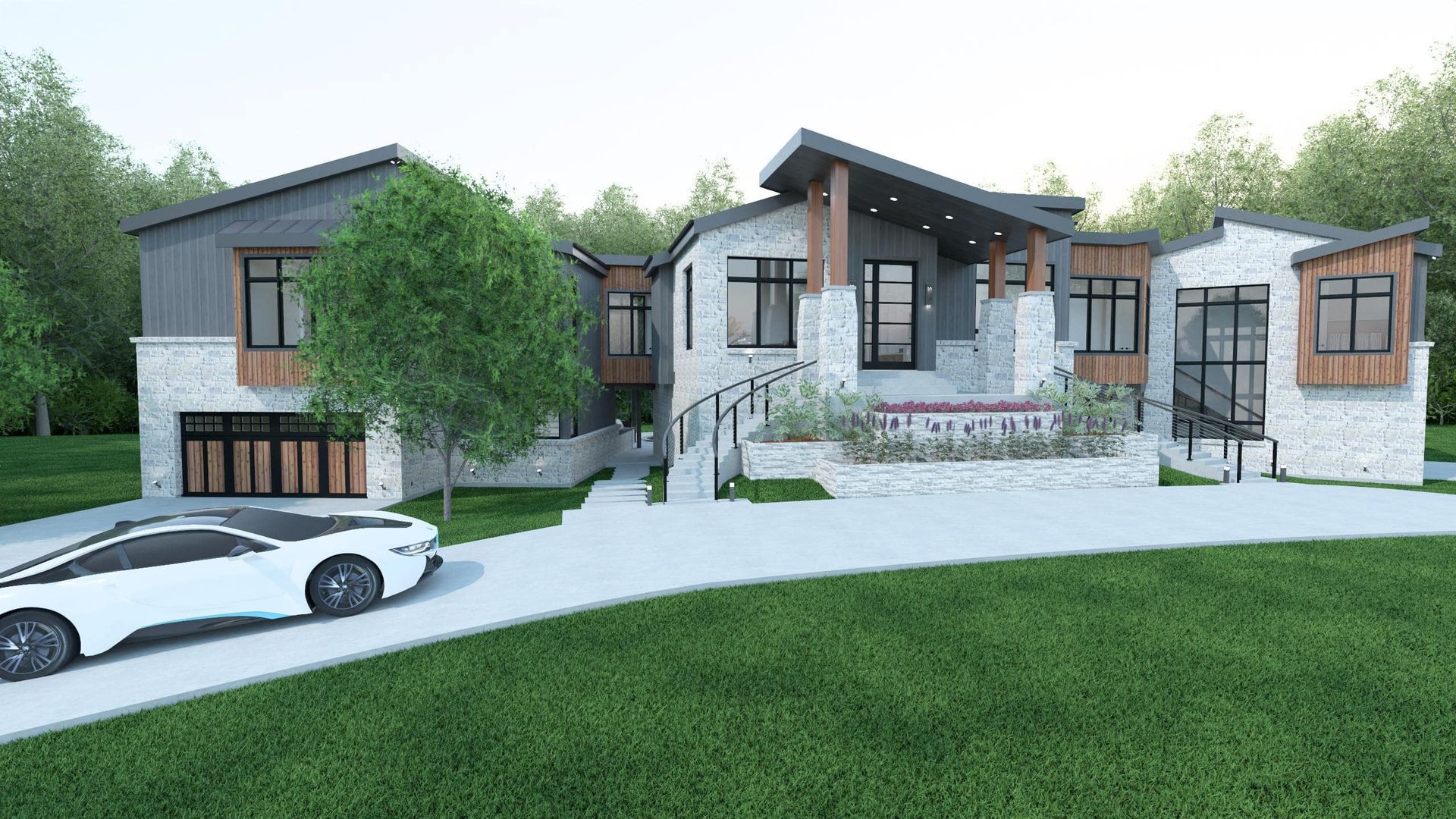 Modern white house with stone accents, two-car garage, and a curved driveway in a sunny setting.