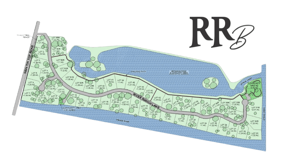 Map of a lakeside residential development, showing roads, lots, and water features.