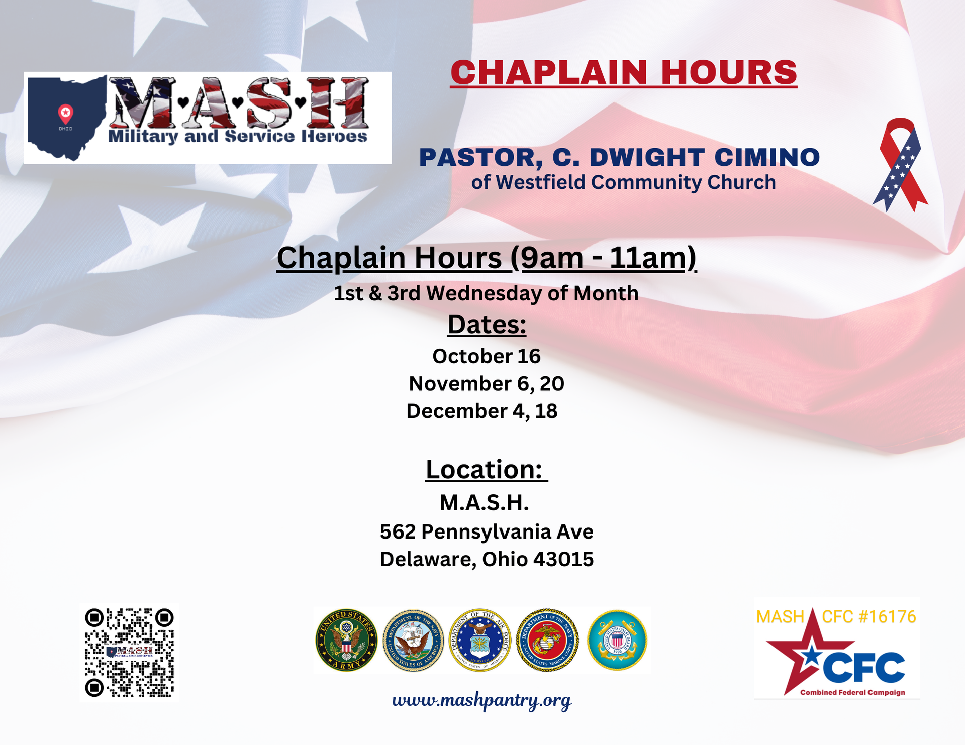 A poster for mash chaplain hours with a picture of an american flag