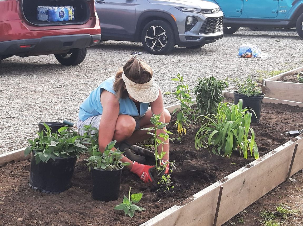 A woman is kneeling down in a garden planting plants.