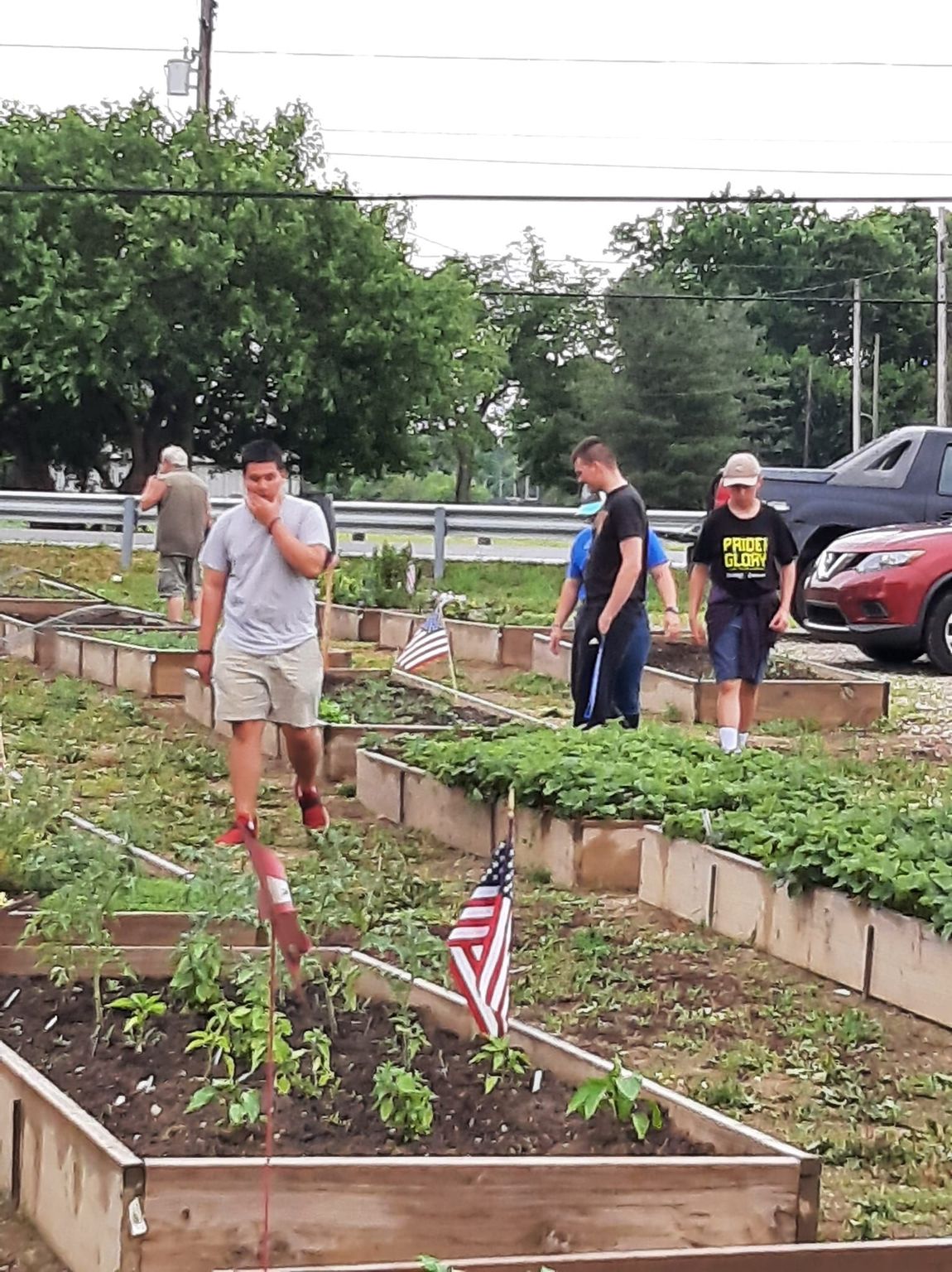 A group of people are walking through a garden.