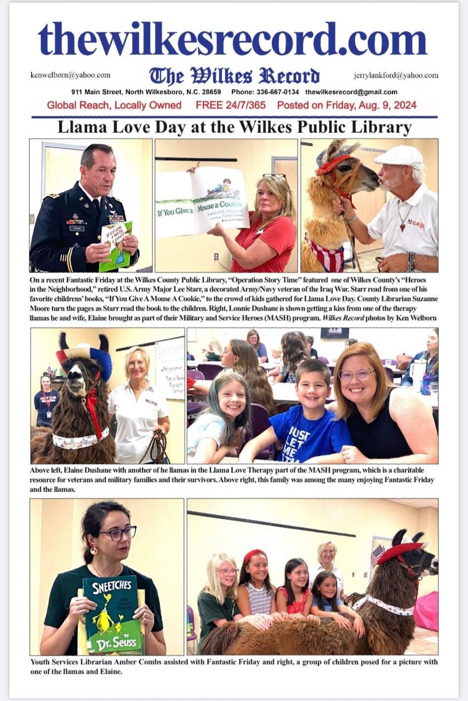 A newspaper article about a llama love day at the wilkes public library.