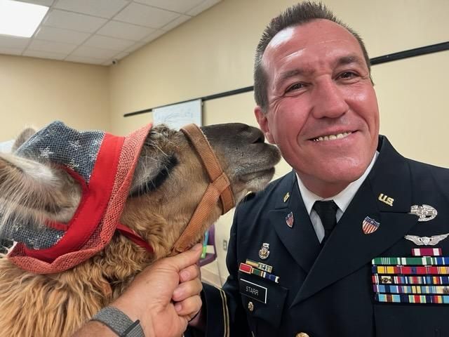 A man in a military uniform is holding a llama
