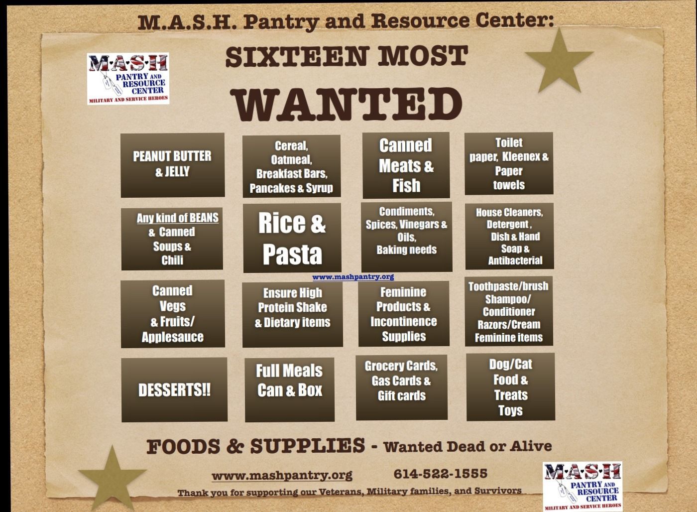 A sixteen most wanted poster for mash pantry and resource center