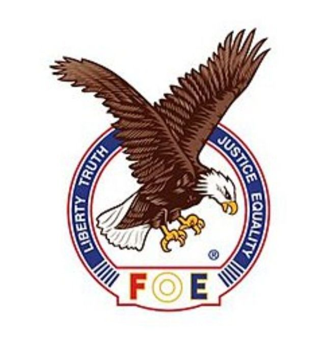 A bald eagle is flying in a circle that says foe