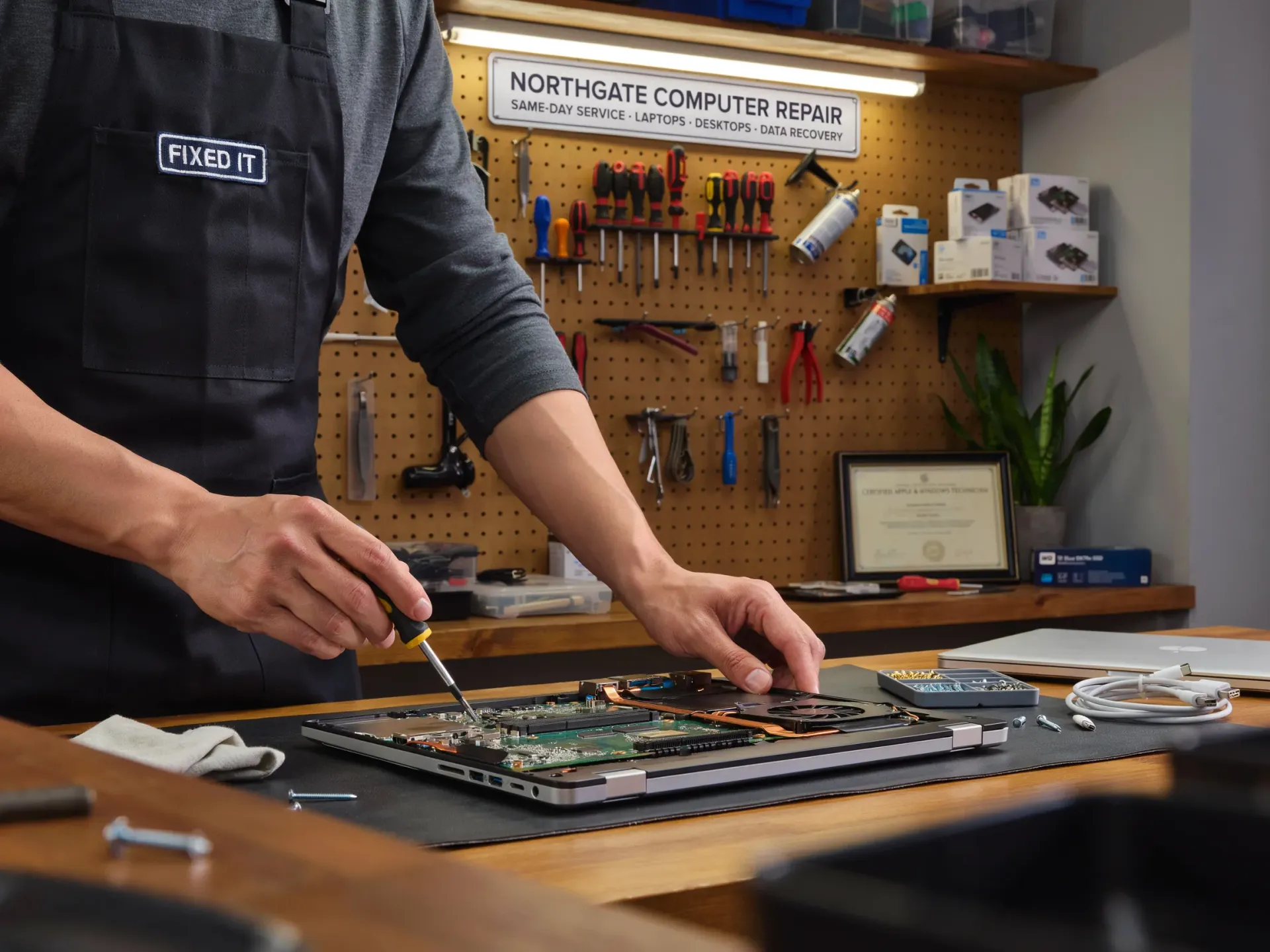 Person repairing a circuit board at a workbench with tools and parts nearby