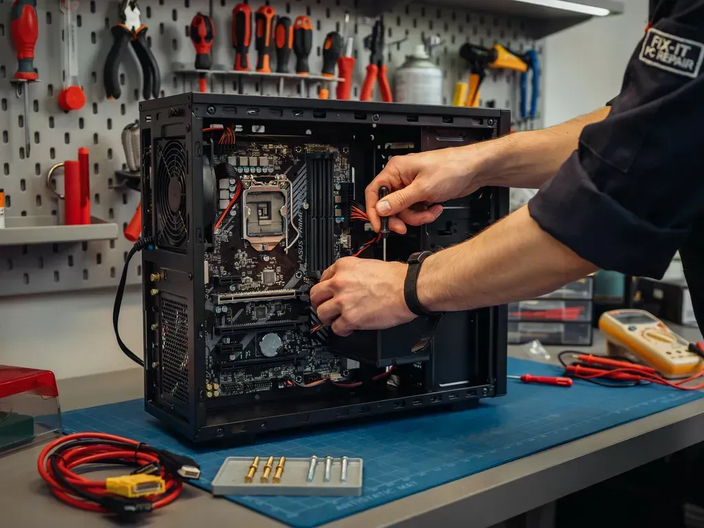 Hands installing components inside a desktop PC case on a workbench with tools nearby