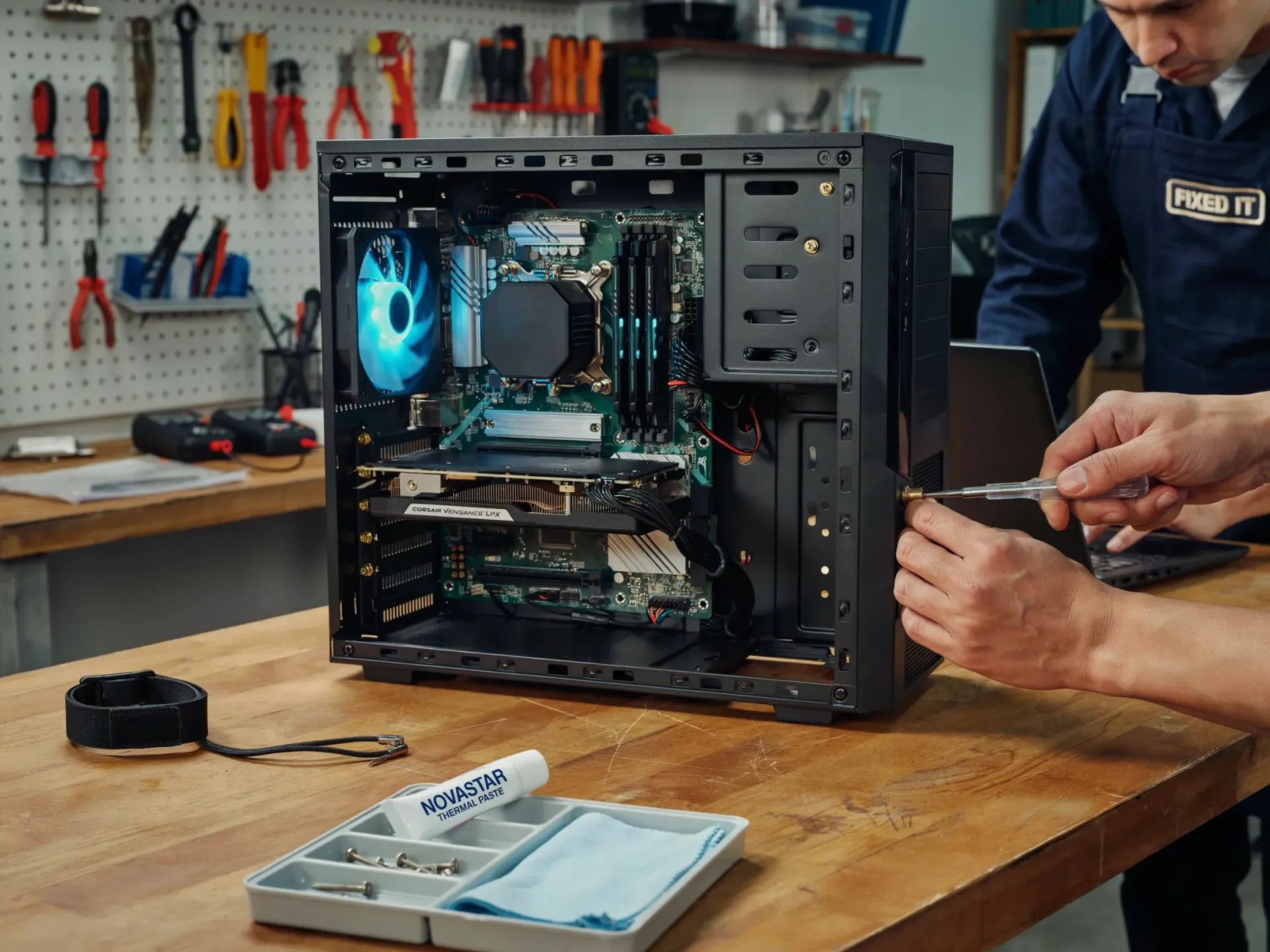Technician working inside an open desktop computer on a workbench with tools nearby