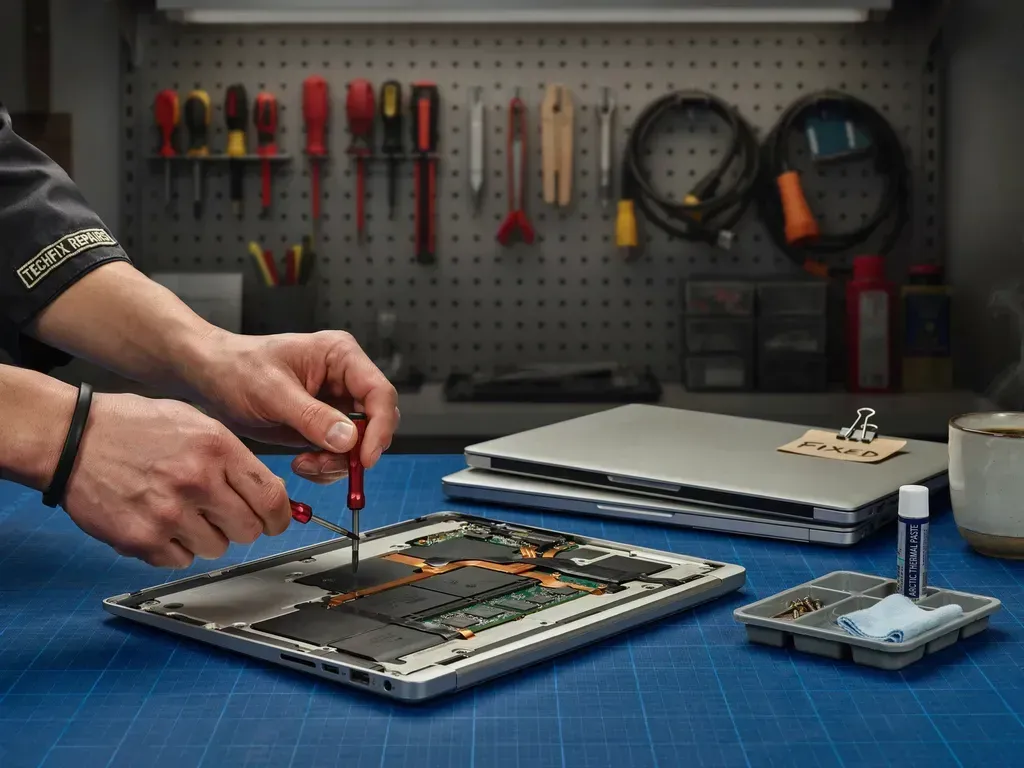 Hands using a screwdriver to repair a laptop on a workbench with tools nearby