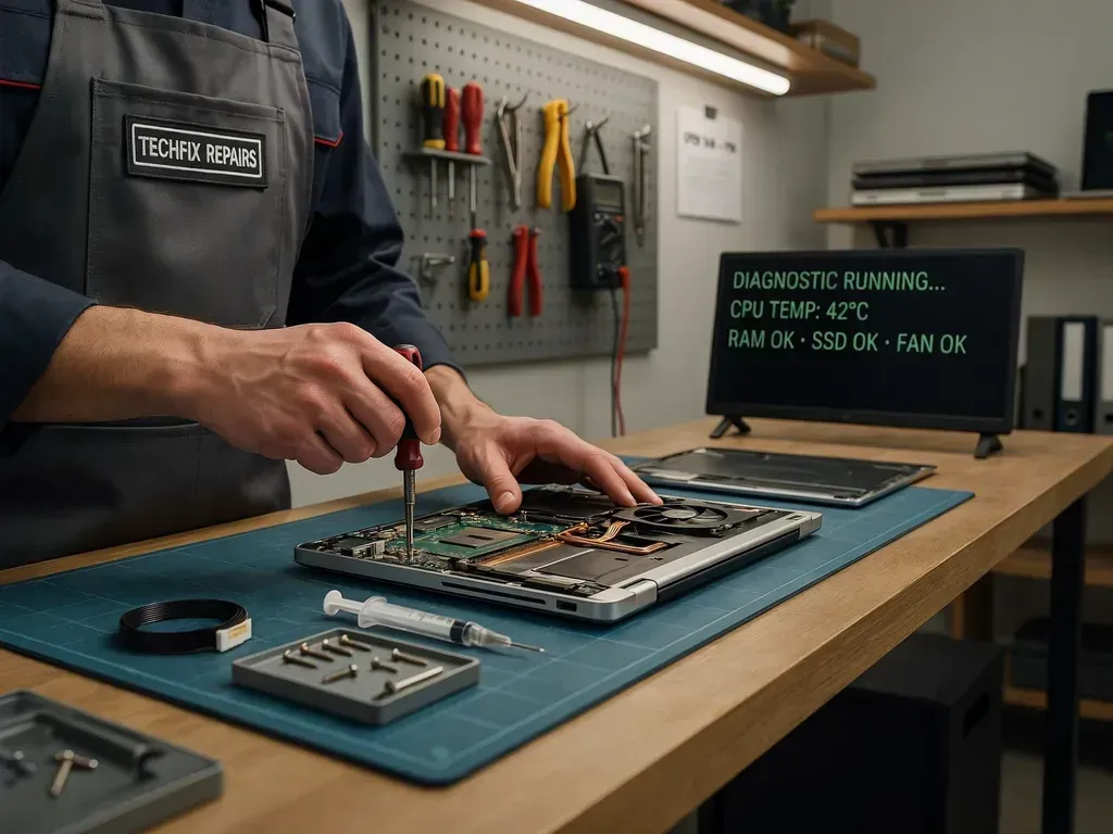 Technician repairing a laptop on a workbench with tools in a workshop