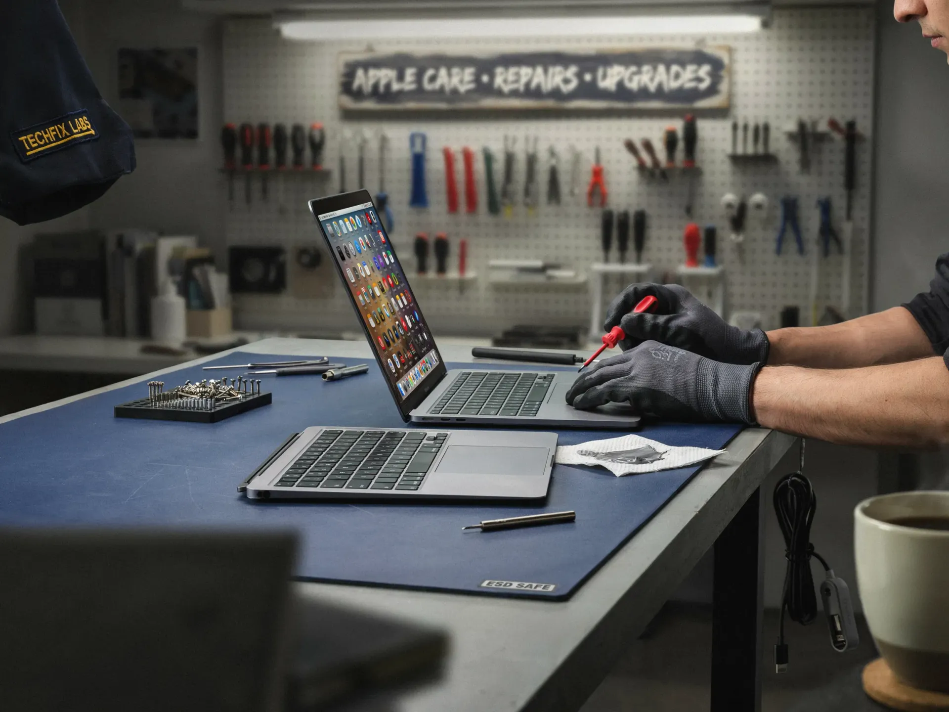 Technician repairing a smartphone at an electronics workbench with tools and parts nearby