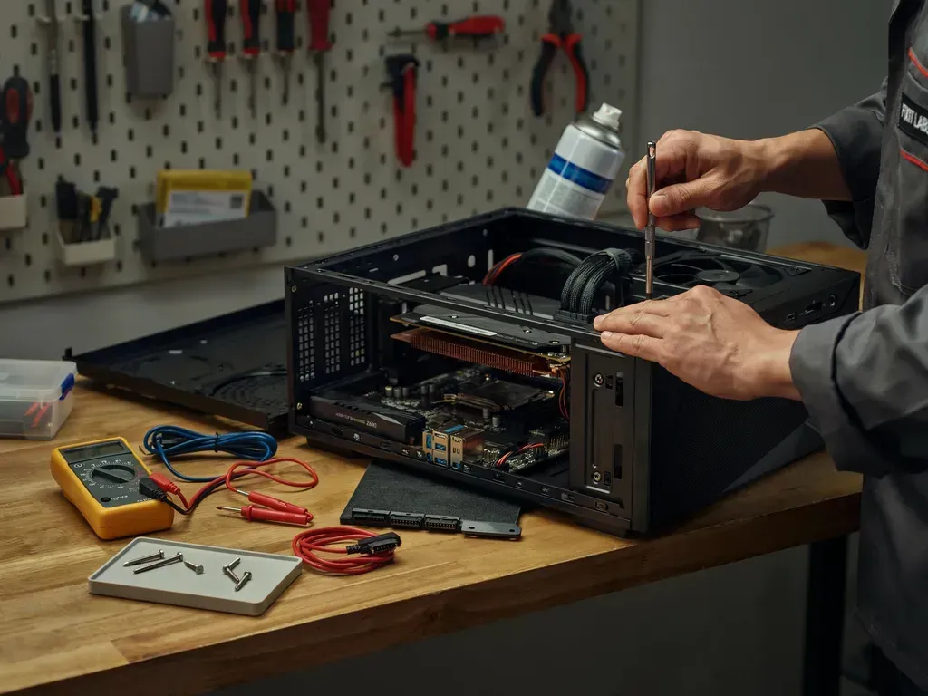 Person working inside an open desktop computer on a workshop bench, with tools nearby