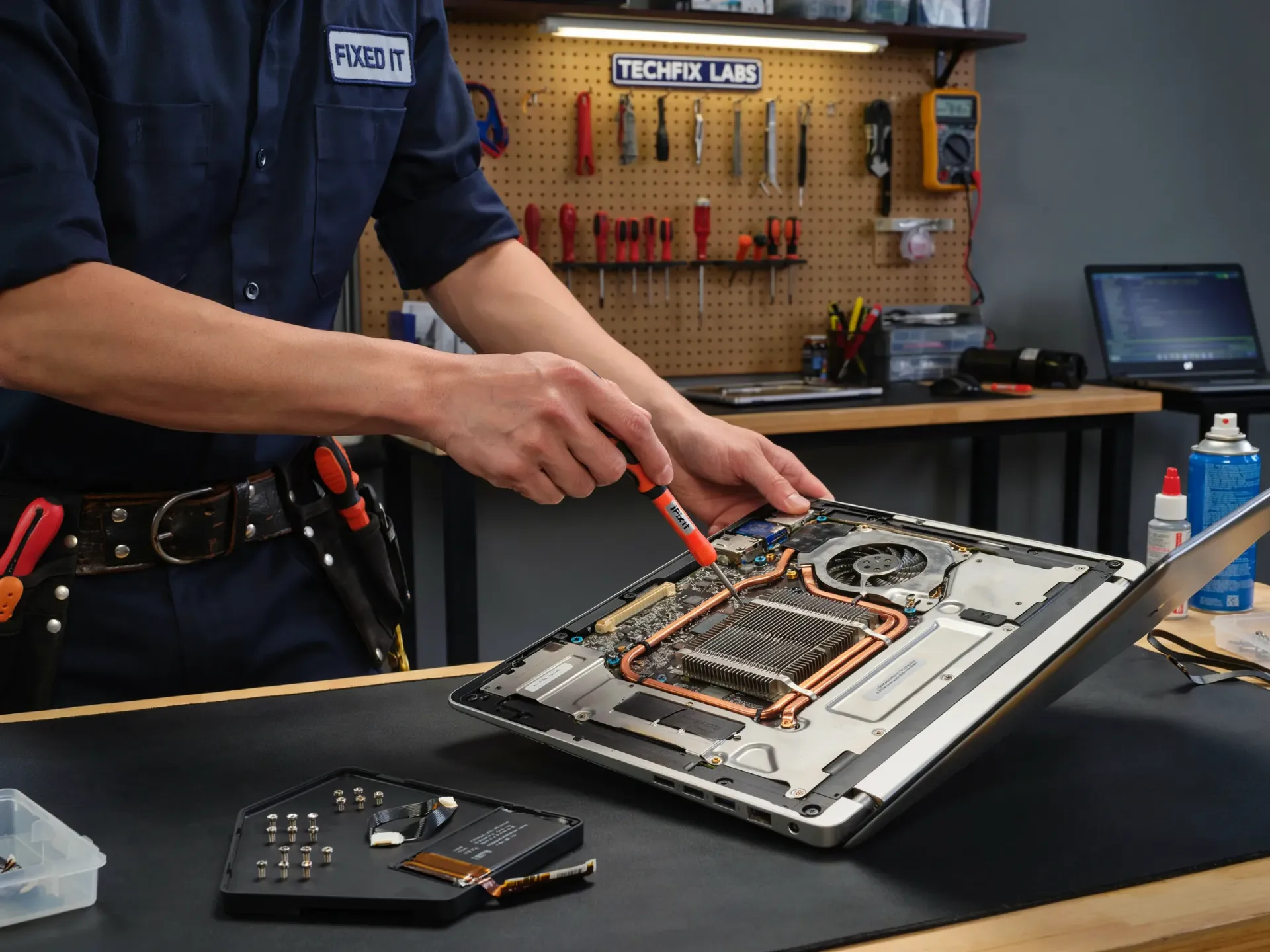 Technician working on an open laptop on a workbench with tools and circuit boards in a repair shop