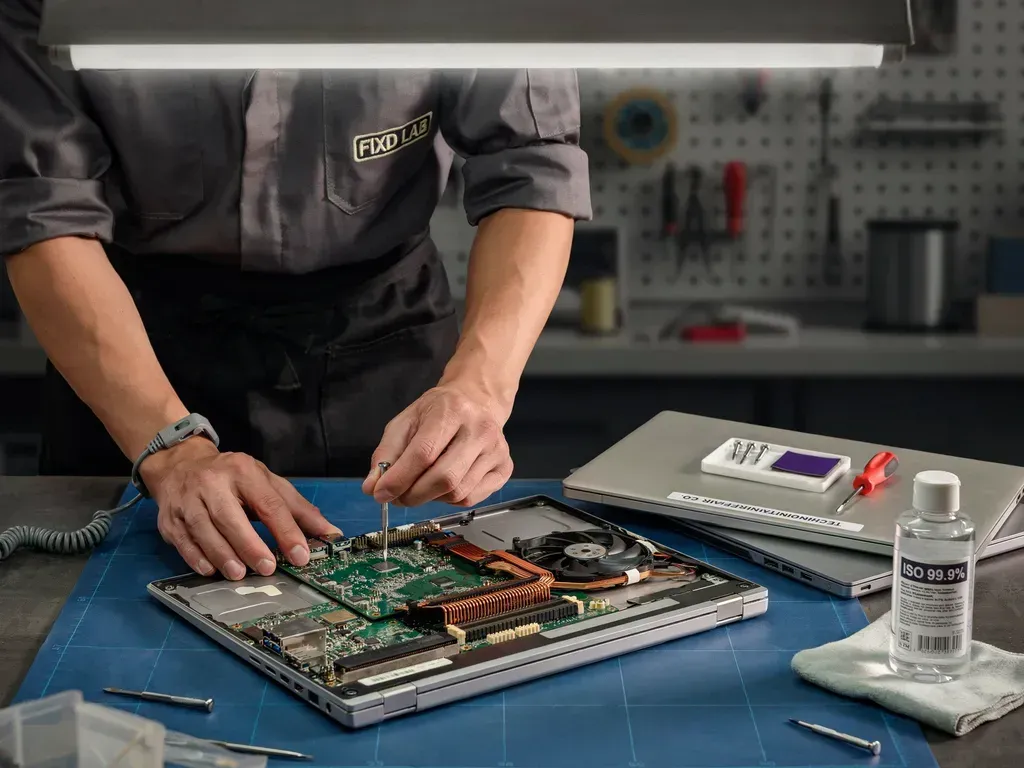 Technician repairing a circuit board on a workbench with tools and a laptop nearby