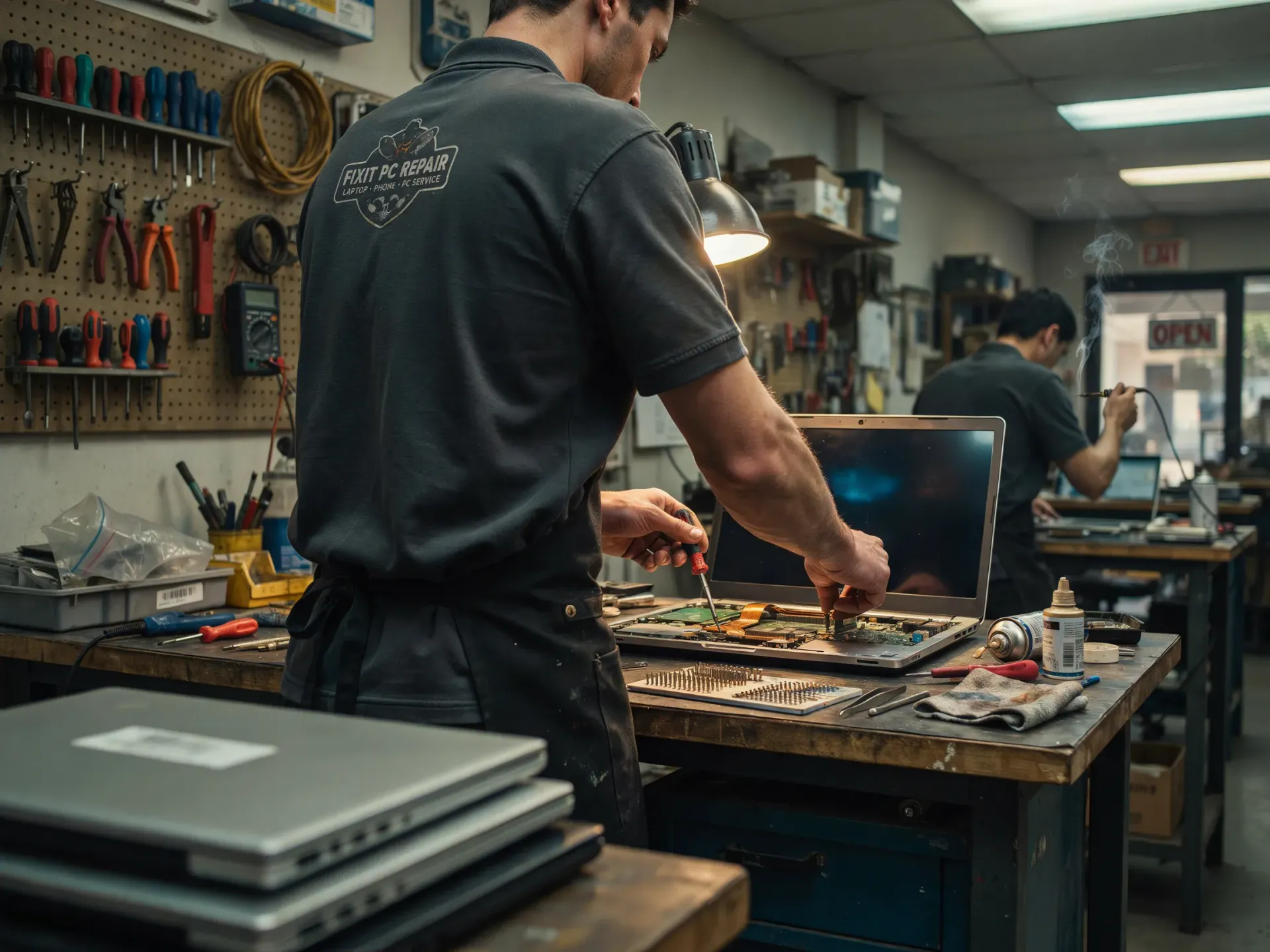Technician working at a cluttered electronics repair bench in a workshop