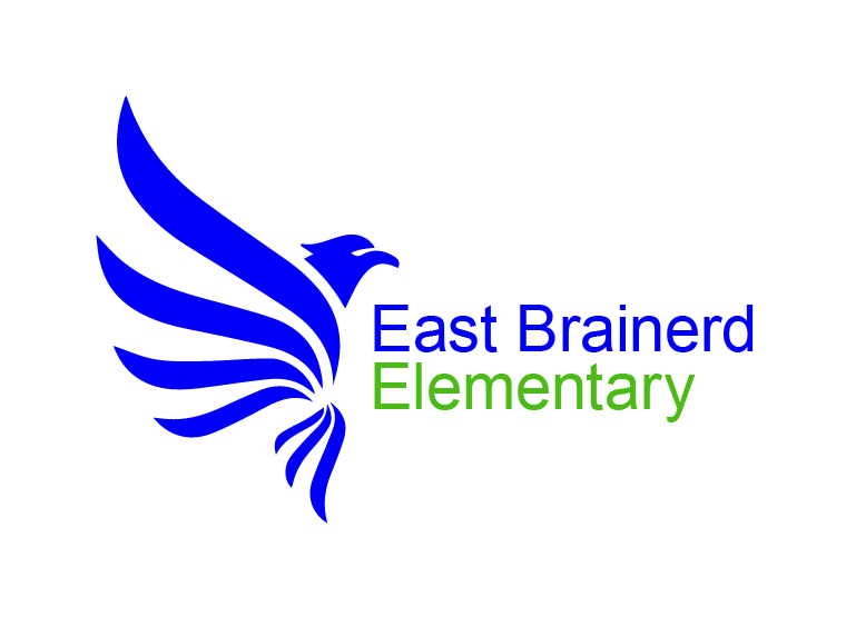 Blue eagle logo for East Brainerd Elementary. The text is blue and green with a white background.