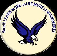 Logo for Woodmore school with a blue and white eagle and the slogan 