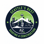 Seattle's Best Roofing & Construction logo with Space Needle, Seattle skyline, and roofing tools on a green and blue background.