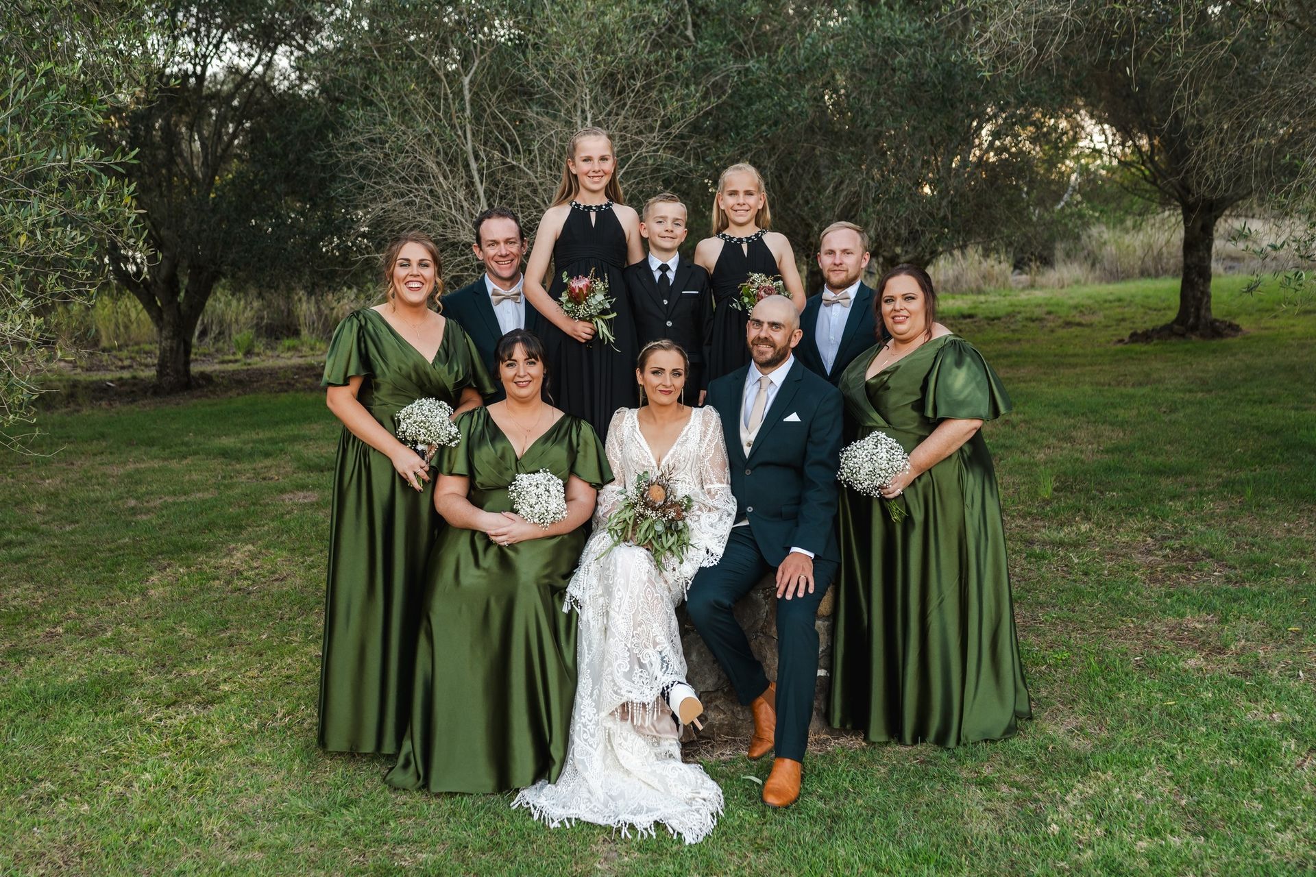 Wedding Group in Olive Green Gowns and Suits — Wow! Excellence in Hair in Toowoomba, QLD