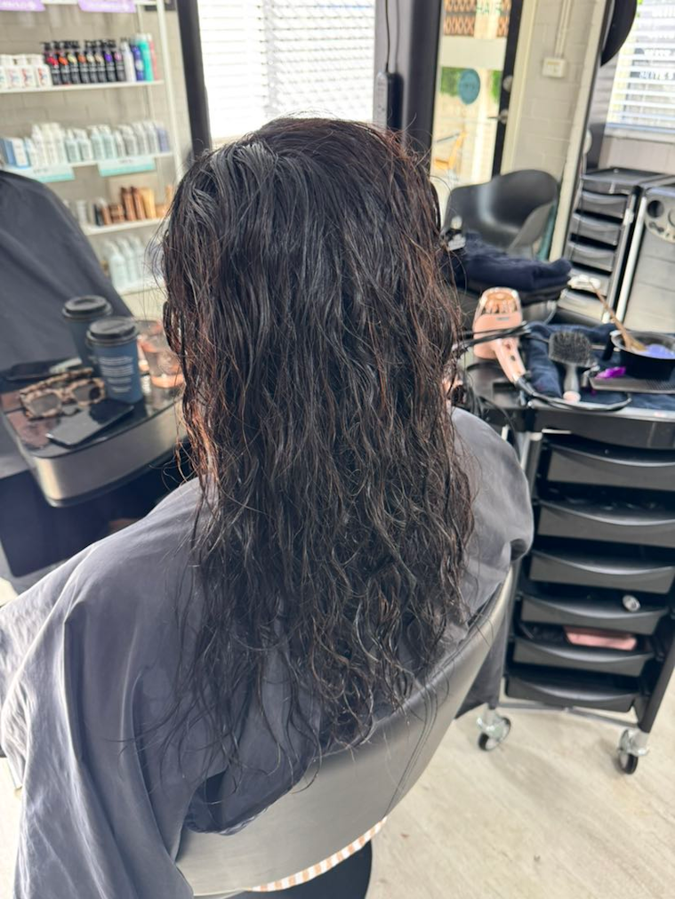 Person with wet dark hair in a salon chair, view from the back. Hair products and salon equipment visible — Wow! Excellence in Hair in Toowoomba, QLD
