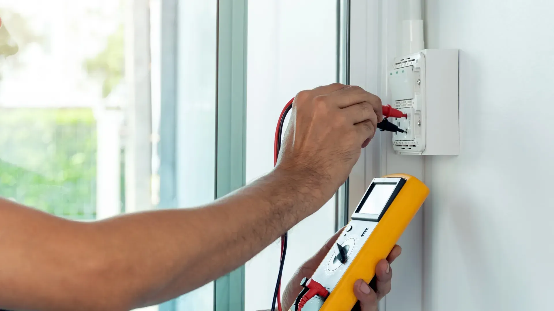 A man is using a multimeter to test an electrical outlet.