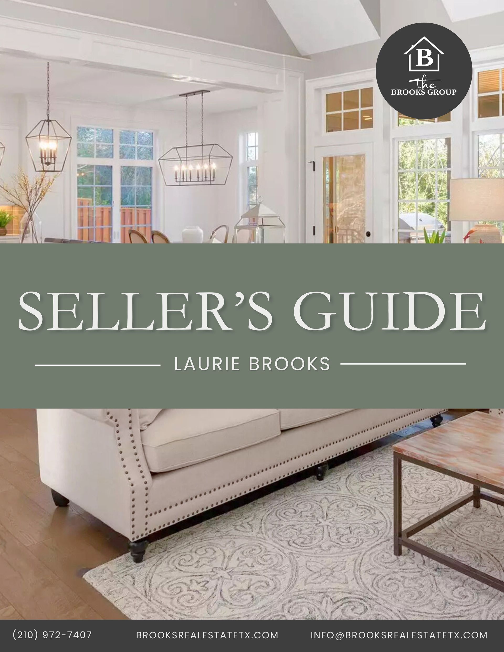 Seller's Guide cover with a living room photo. Sage green banner over the couch. Title and name of realtor.