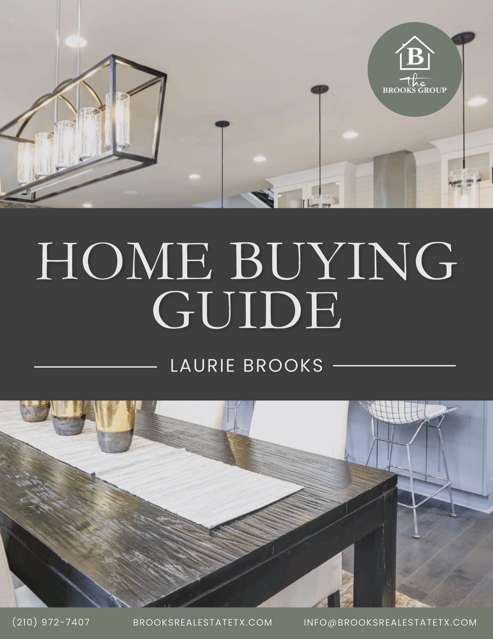 Home Buying Guide cover with modern home interior. Black text over a dining table.