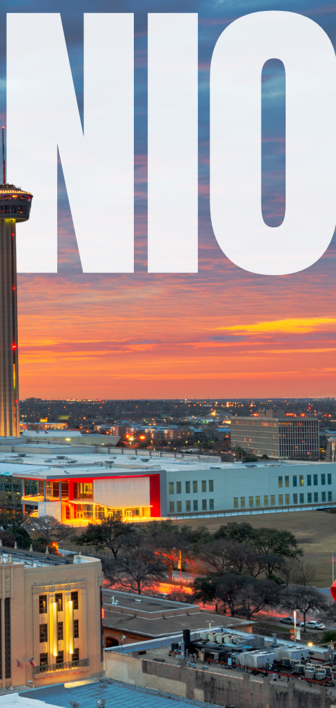 San Antonio skyline at sunset with white text 