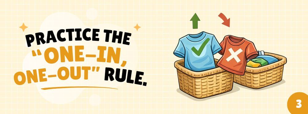 A blue shirt with a checkmark is put in a basket with an up arrow; a red shirt with an X is taken out.