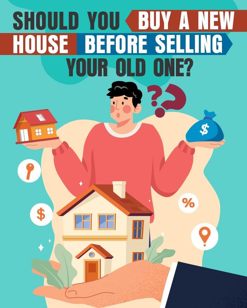 A person contemplating buying a new house before selling their old one. The image includes houses, money, and question marks.