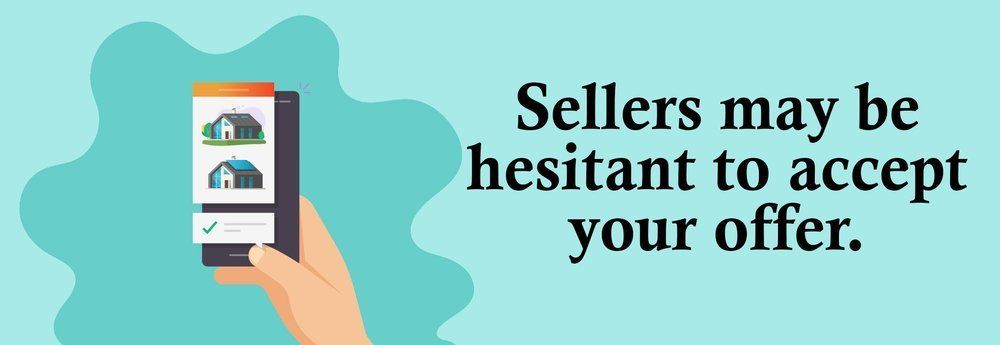 A hand holding a smartphone showing home listings; text reads 