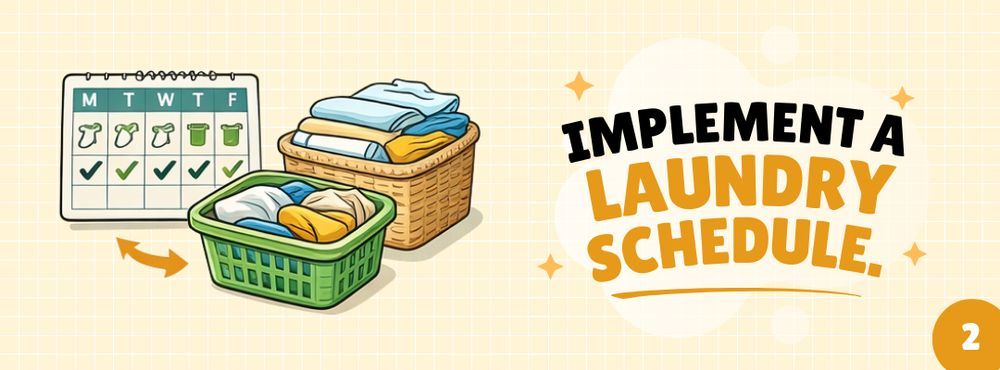 A laundry schedule illustration showing a calendar with check marks, clothes baskets, and a stack of clean clothes.
