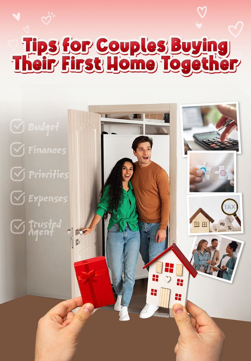 Couple standing in a doorway, poster: Tips for first home buyers. Text list: Budget, finances, priorities, expenses, trusted support.