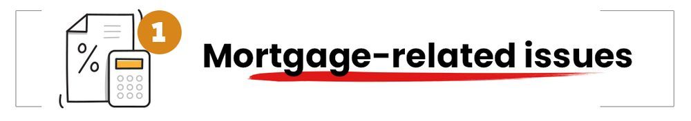 Mortgage-related issues icon with a document, calculator, and the number 1. Text is underlined.