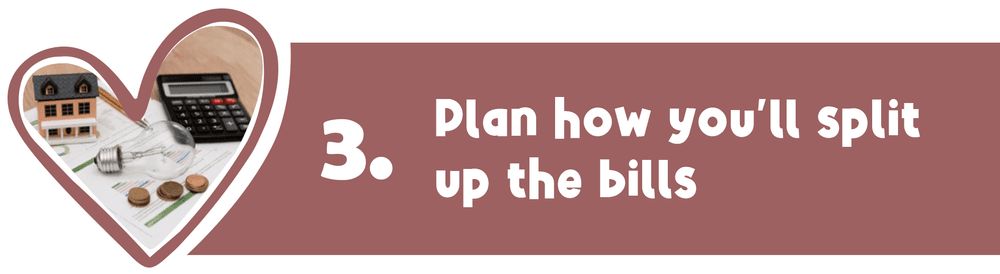Step 3: Plan bill splitting. Brown background. Heart-shaped frame with home, calculator, coins.
